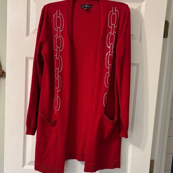 St. John Sweaters - 80 Park Red Open-Front Cardigan with Rhinestone Chain Motif